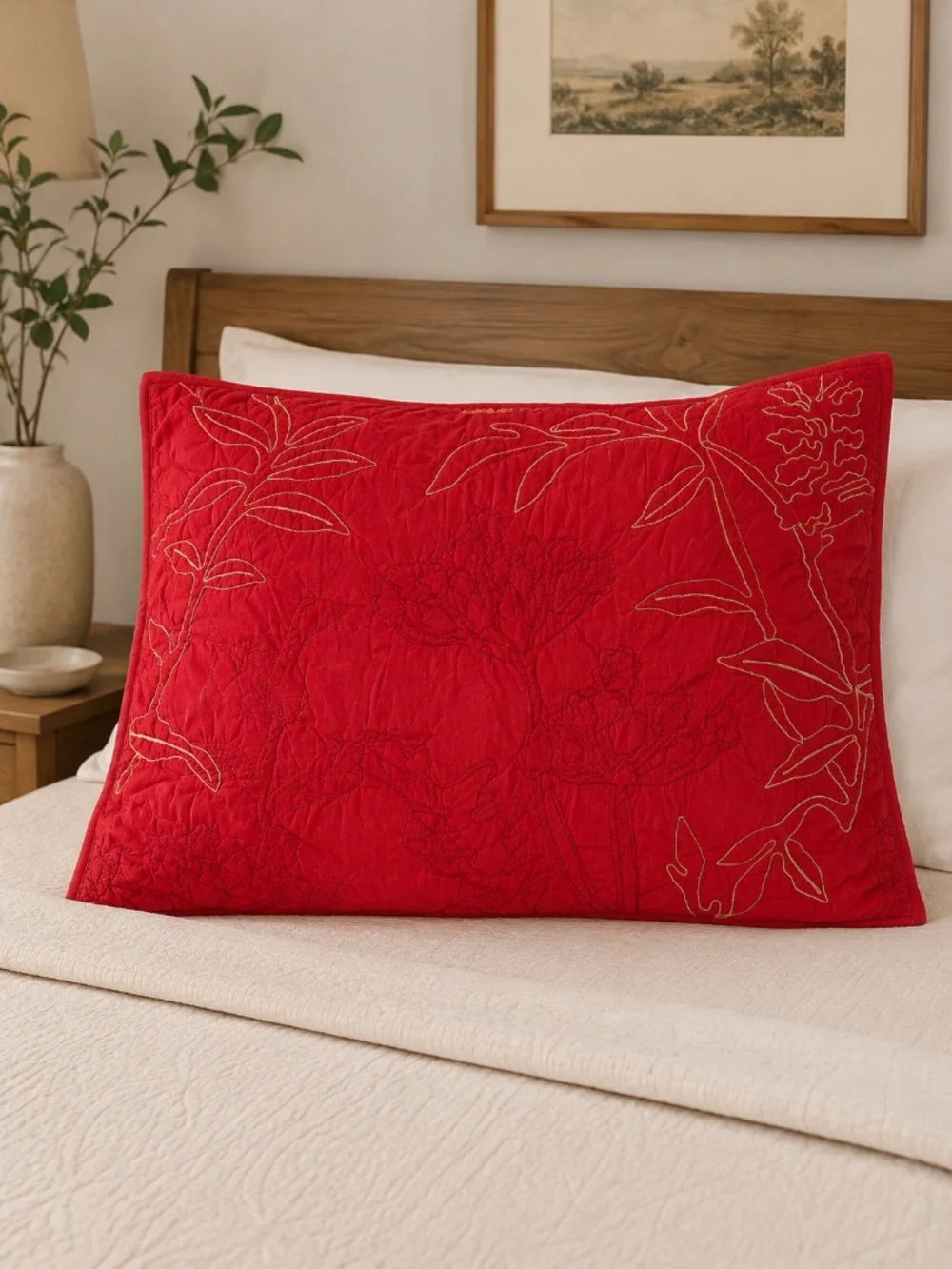 Set of 2 Pottery Barn Quilted Embroidered Floral Standard Pillow Sham Organic